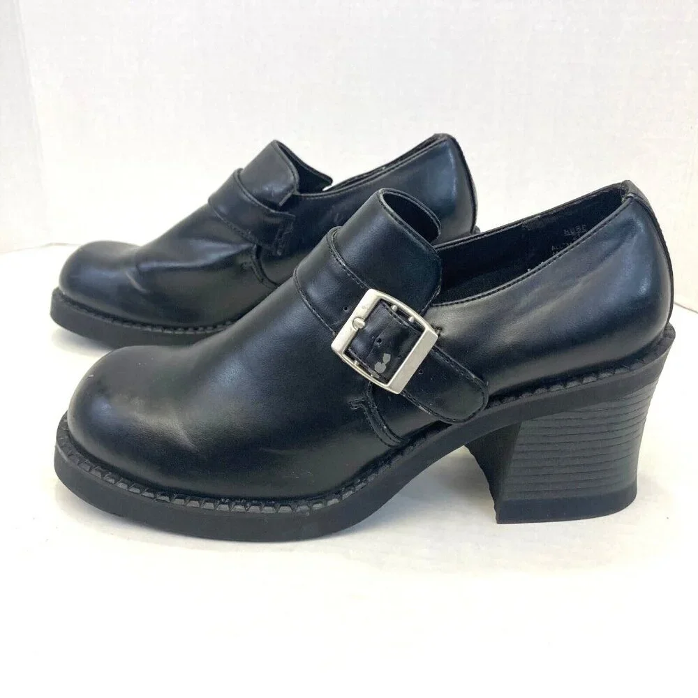 Vintage Chunky Heels Buckle Shoes Loafers Womens 9.5 Goth Punk‎ Grunge Black
